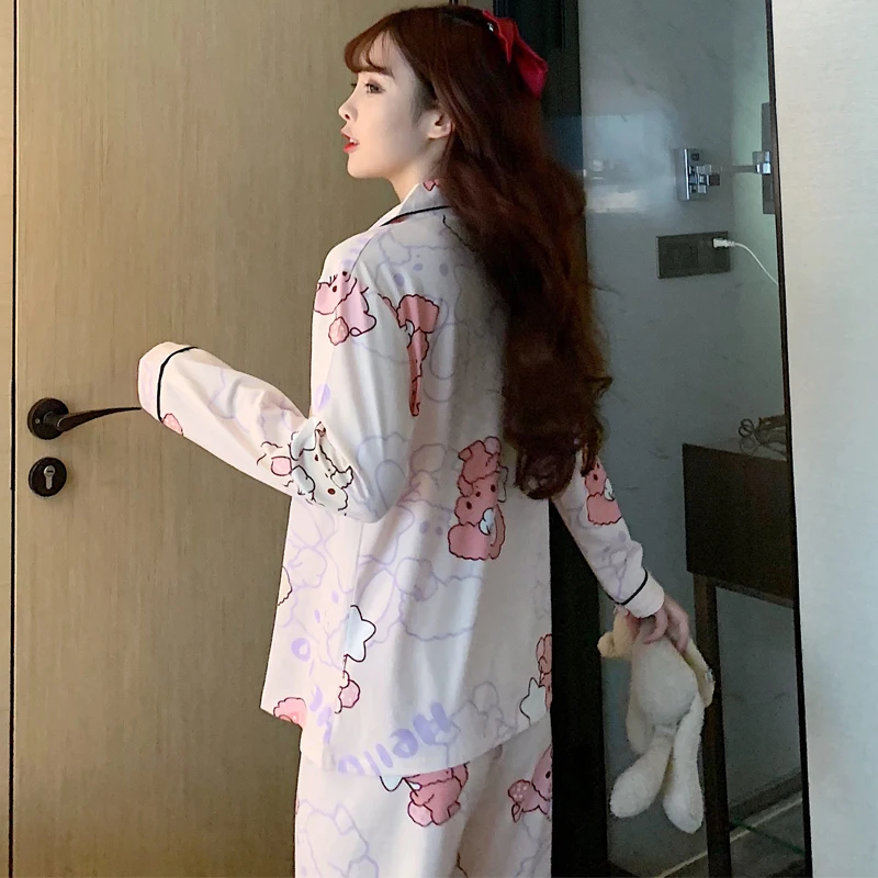 

Cute Cartoon Pijama Women Cotton Pajama Set Long Sleeve Sleepwear Turn-down Collar Pyjamas Female Spring Home Clothes Nightsuit