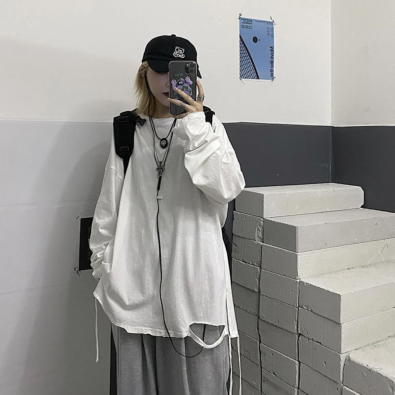 

Yeeloca Versatile Hole Bottomed T-shirt Korean Spring New Casual White Black O-neck Pullovers Loose Long Sleeve Top