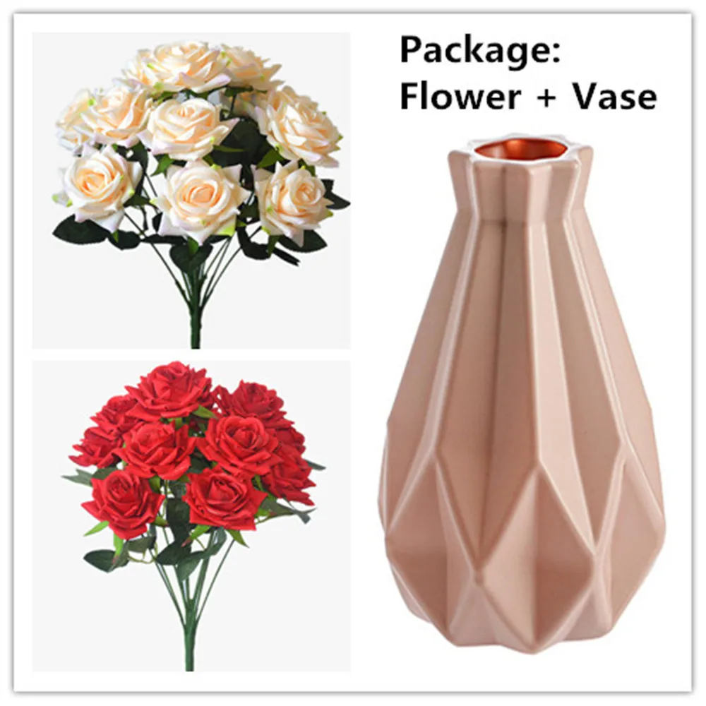 Ваза + розовые шелковые искусственные розы в европейском стиле цветы для невесты