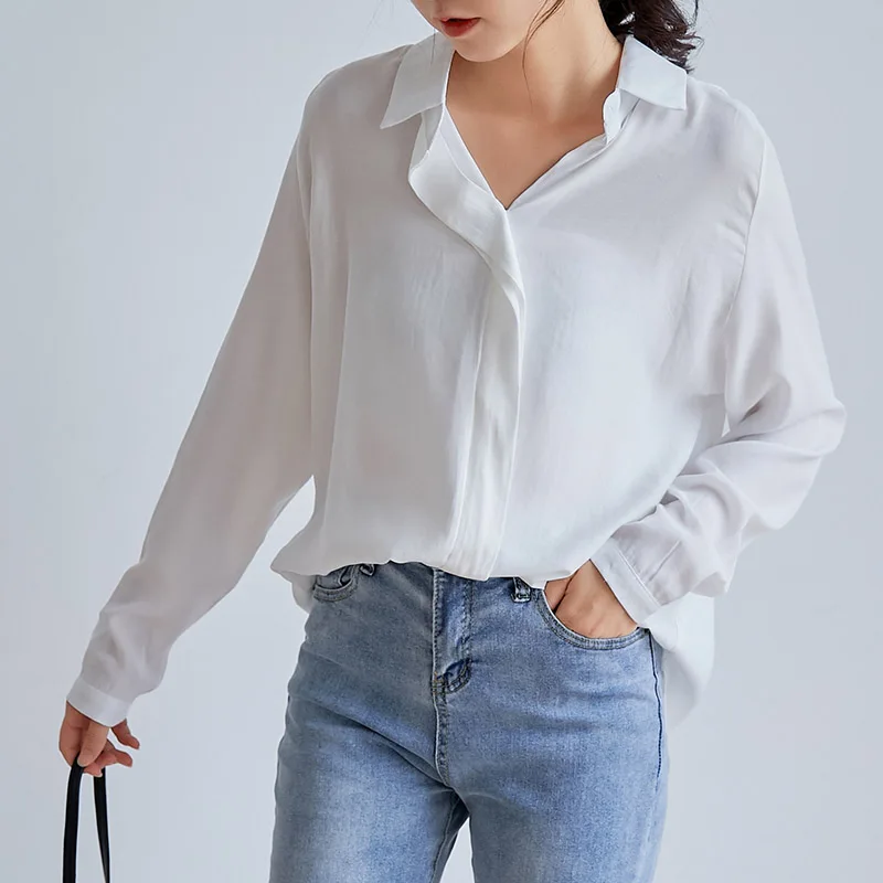 

Женская винтажная блузка с отложным воротником, белая однотонная Свободная рубашка с длинным рукавом, Повседневная офисная блузка, новинка...