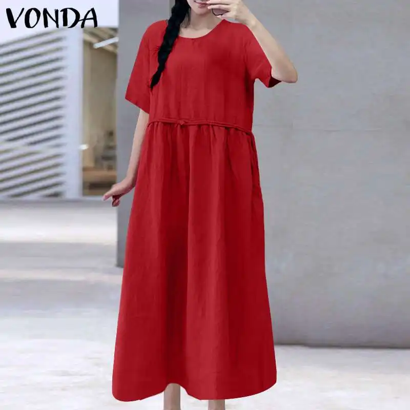Свободное платье женское длинное из хлопка и льна Женский богемный сарафан 2021 VONDA