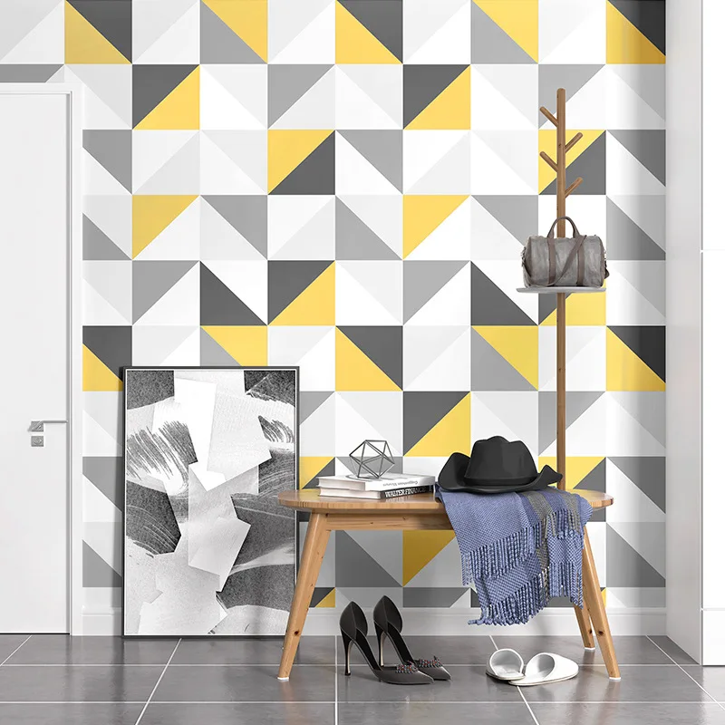 

Removable Gray Yellow Bedroom Wall Paper Wallpaper Triangles Geometric Modern Geo Print Non-self-adhesive Wallpaper 9.5M Roll