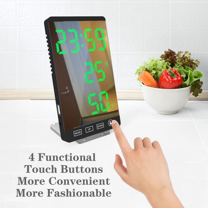 

Mirror LED Alarm Clock 6Inch LED Time Temperature Humidity Display USB Output Port Table Clock Temperature Display Touch Control