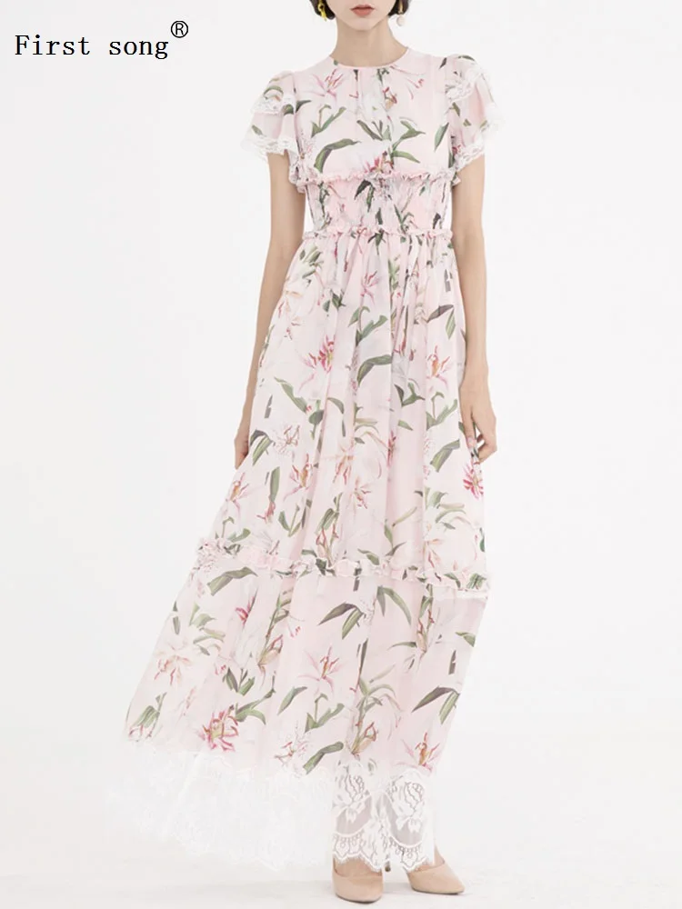 

Shipping tight-fitting heavy craft applique stitching lace lace swing dress women's summer fashion temperament pleated dress XL