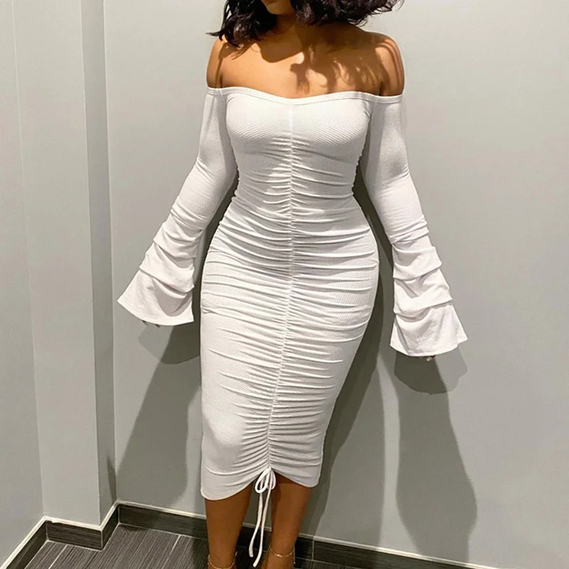 

2021 New Trendy Sexy Dresses Women Flare Sleeve Off Shoulder Bodycon Dress