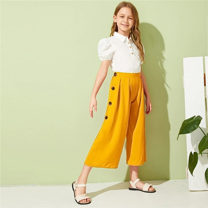 SHEIN Kiddie Girls Solid Button Side Pleated Palazzo Casual Pant Kids Bottom Summer High Waist Teenagers Loose Pants