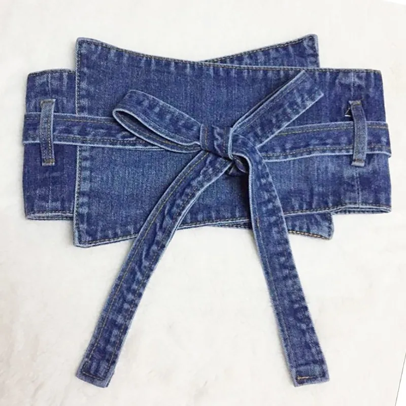 SeeBeautiful New Fashion Spring 2021 Summer Blue Lace-up Bow Long Belts Irregular Wide Denim Girdle Women All Match Y601 | Аксессуары
