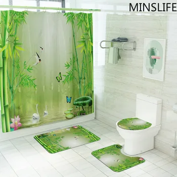 Green Shower Curtain for Bathroom Bath Mat Rug Carpet for Toilet Lid Cover Bamboo Forest  Print Bathtub Home Decor Gift