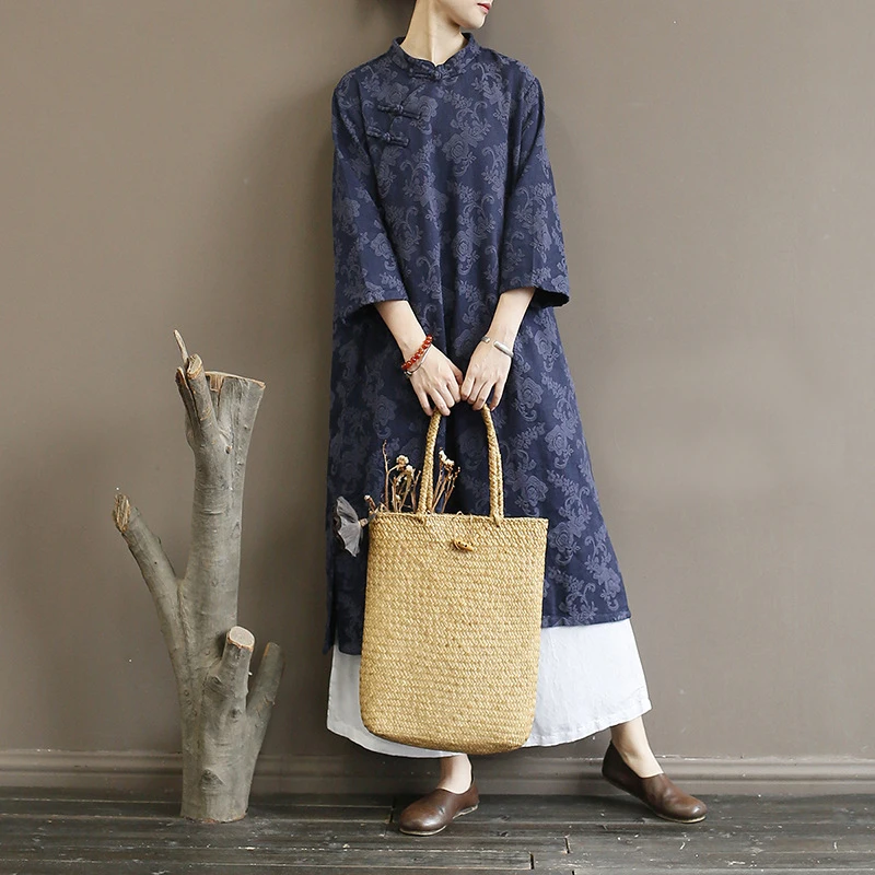 Johnature женское платье из хлопка и льна жаккардовое винтажное 2019 осеннее на