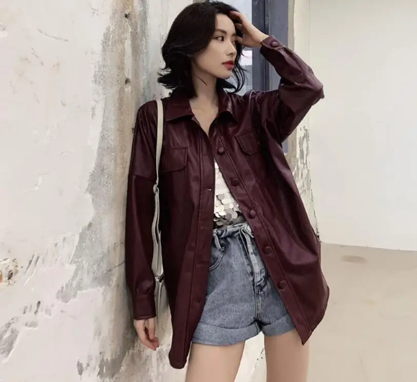 Куртка женская демисезонная из ПУ кожи с отложным воротником|Женские куртки| |