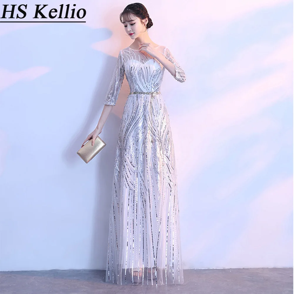Серебряные платья для матери невесты Aline с блестками кружевные Длинные вечерние