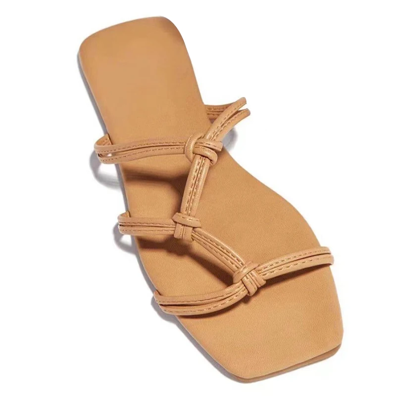 

MCCKLE Women Flat Slippers Summer Outdoor Beach Square Toe Slides Ladies Fashion Cross Tied Light Weight Sandals Ladies Shoes