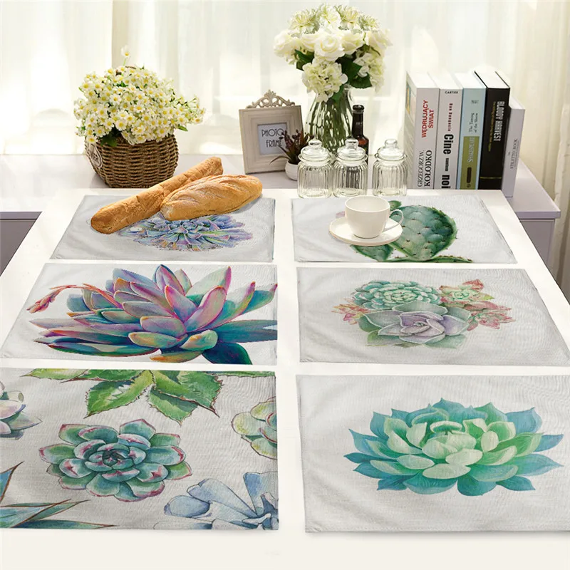 

Green Plant Table Napkin Succulent Plant Pattern Placemat Kitchen Decoration Table Mat for Wedding Dining Accessories Table Mats