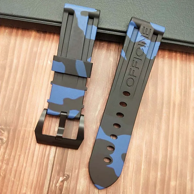 24camo BLUE BLK 24 мм 26 мм черный белый оранжевый Камуфляж красный синий зеленый серый мягкий водостойкий резиновый ремешок для часов для panerai ремень, булавка, пряжка бесплатный инструмент - Цвет ремешка: 24camo BLUE BLK