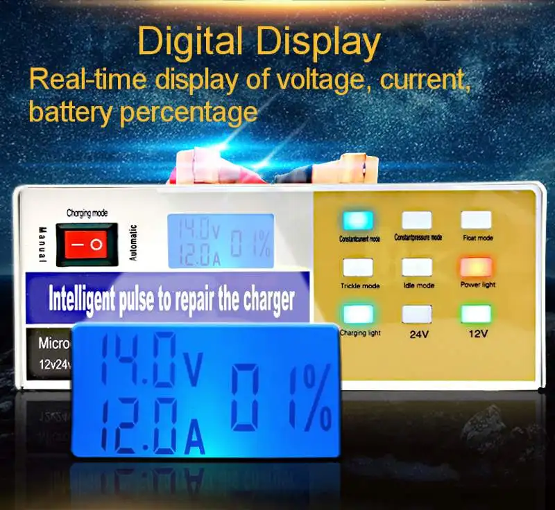 

12/24V Car Battery Charger Smart Pulse Repair Lead-acid Battery Charger Silver High Power Battery Charging Units