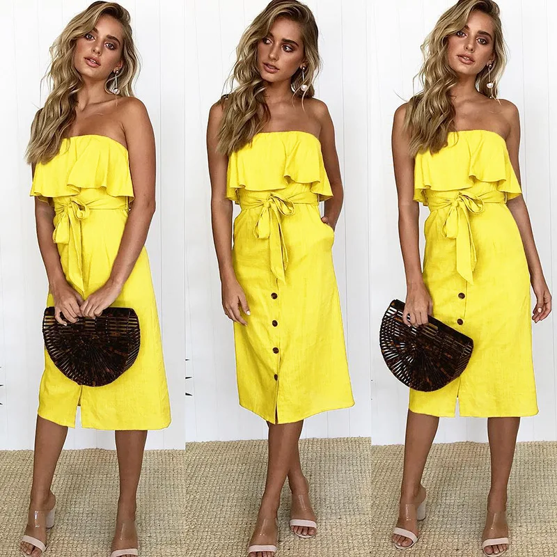 

Summer Fashion Sexy Strapless Backless Button Ruffles Off Shoulder Dress Women Yellow Wrap Sashes Women Knee Length Dresses
