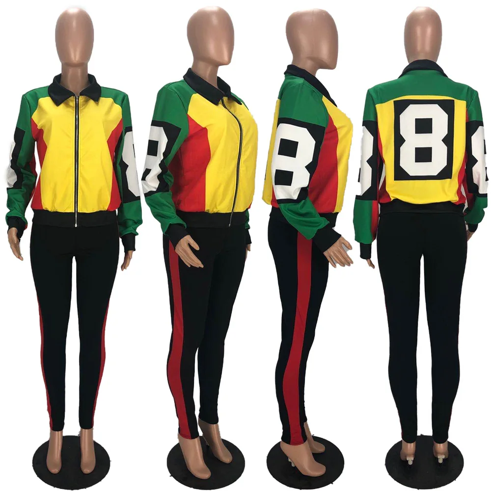 

Color Block Pattern Patchwork Turn-Down Collar Zipper Long Sleeves Coat & Pants New Arrival Women Suit Streetwear Two Piece Set