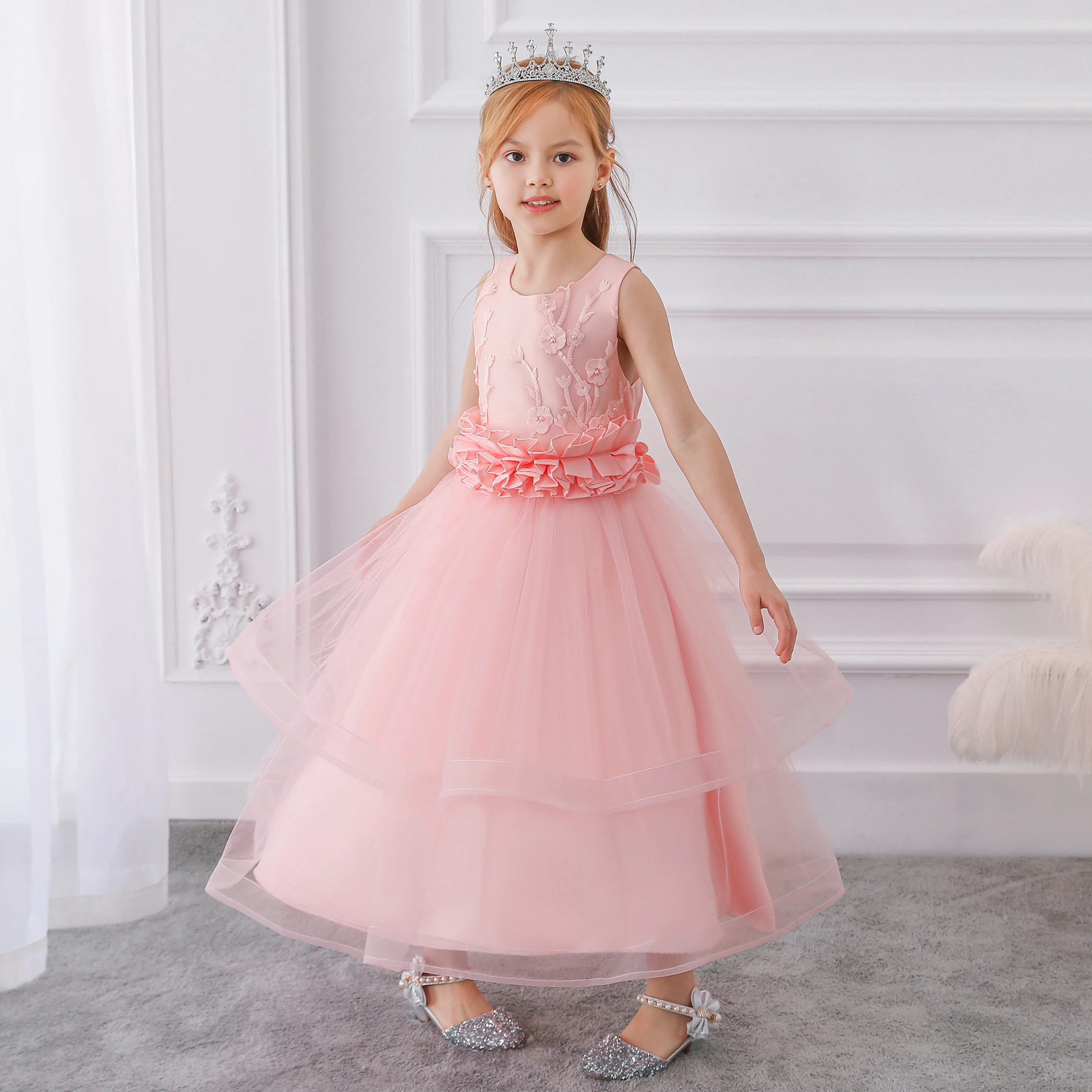 Trailing Lace Kids Girl Party Dress Costume Ball Gown Prom for Children Ankle-Length Lady Elegant Wedding Host Baby LP-204 | Детская