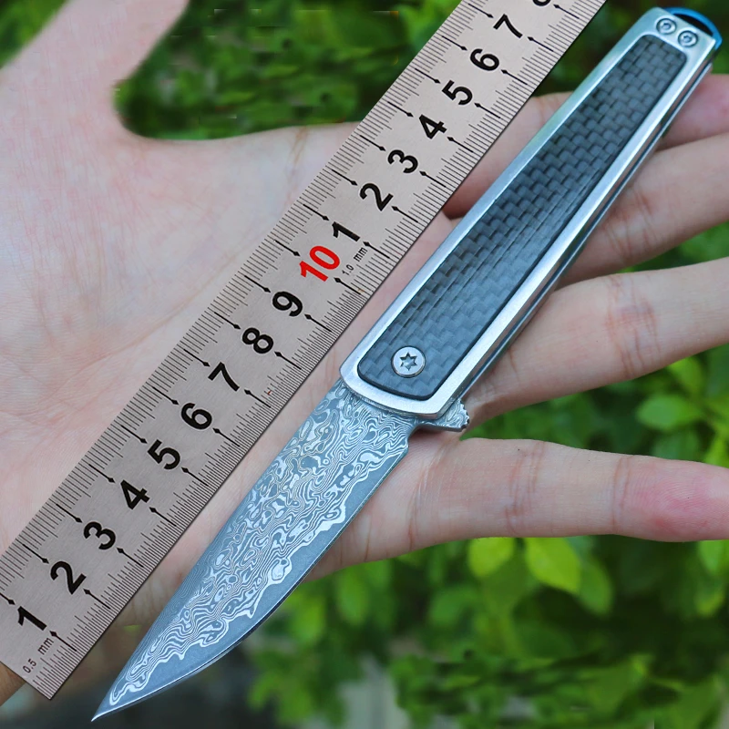 Murah Gratis Pengiriman Gaya Baru Sharp Baja Damaskus Alat Berkemah Pisau Lipat Fiber Karbon Menangani Outdoor Pertahanan Diri Pisau