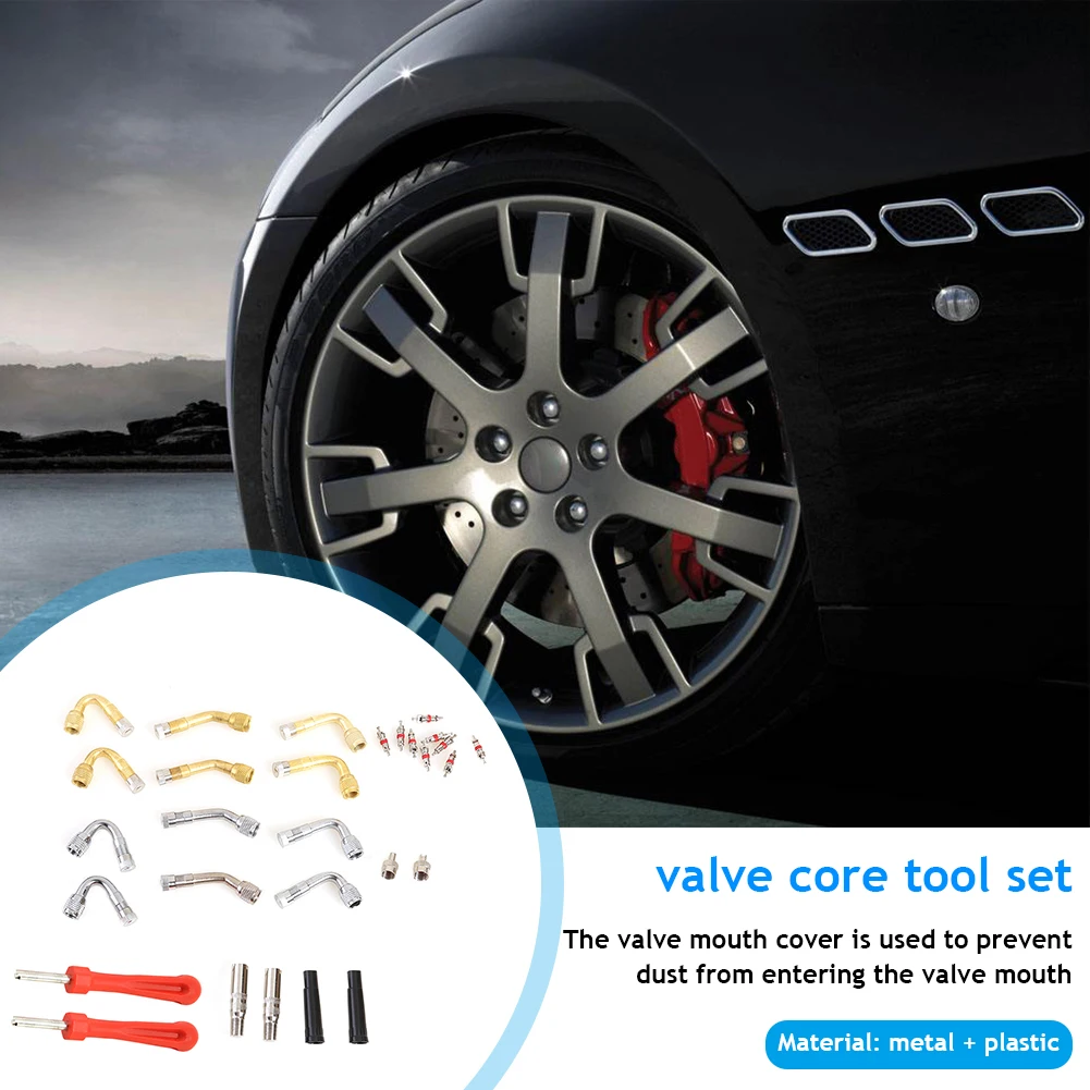 

82pcs/set Brass Tire Valve Stem + Valve Core Extension + Valve Cap + Tool Kit Outdoor Anti-resistance Repairing Parts