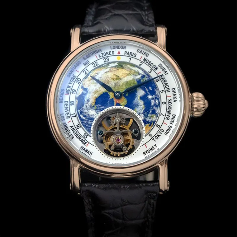 Top Brand Luxury Men Tourbillon Watches Male Sapphire Clock 3D Earth Enamel Dial ST8000 Mens Mechanical Watch Crocodile Leather