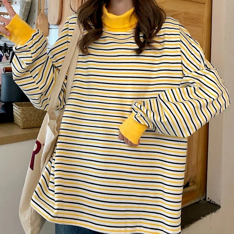 

QWEEK Harajuku Casual Korean Fashion Long Sleeve Sweatshirt Vintage Striped Hoodies Women's Turtleneck Autumn 2021 Kawaii Top