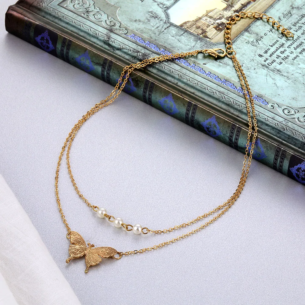 ZOVOLI Boho Dainty Double Layered Pearl Butterfly Pendant Necklace Sets Gold Chains Necklaces For Women Fashion Choker Jewelry | Украшения