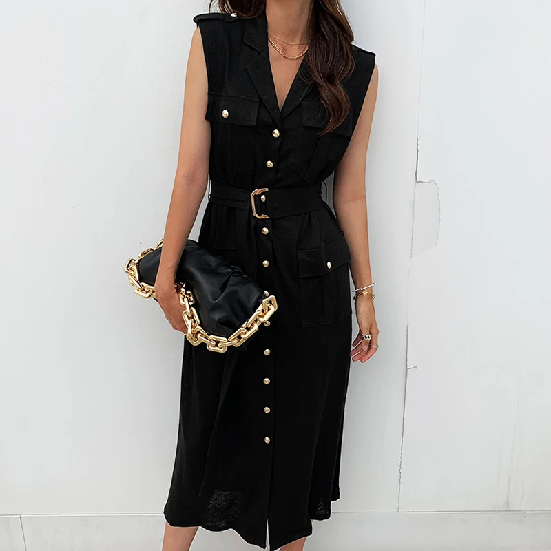 

Women Dress 2021 Summer Korean Light Mature Style Suit Collar Single-Breasted Buckle Belt Design Multi-Pocket Vestidos