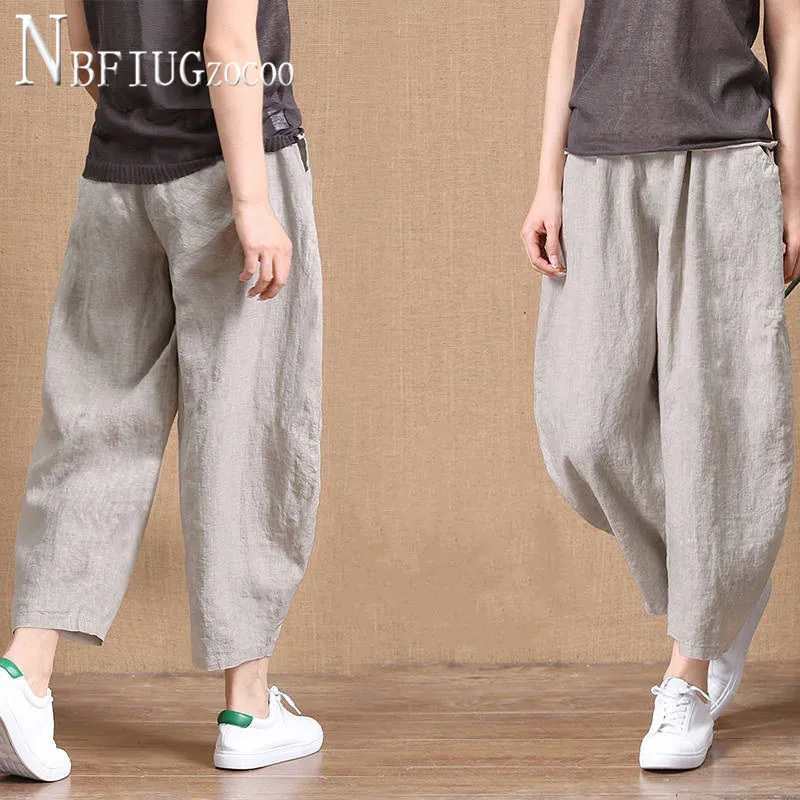 

2020 Ankle Length Cotton And Linen Women Pants Elastic Waist Wide Leg Retro Female Trousers