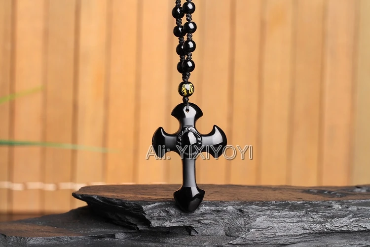 Прямая поставка натуральный черный обсидиана резной крест подвеска на удачу
