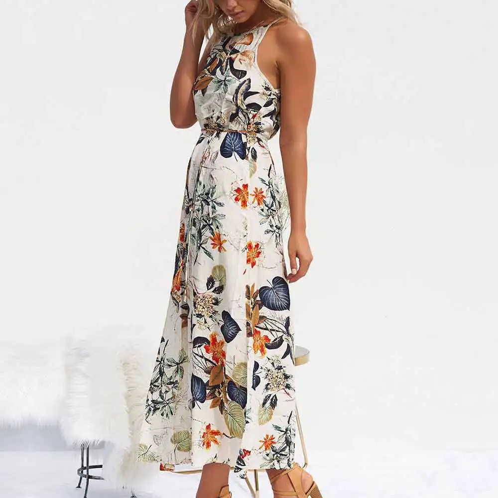 

Summer Women Dress Sleeveless Belted Jacket Tunic Maxi Dress Womens Floral Print Boho Beach Dress Fashion Party Dresses