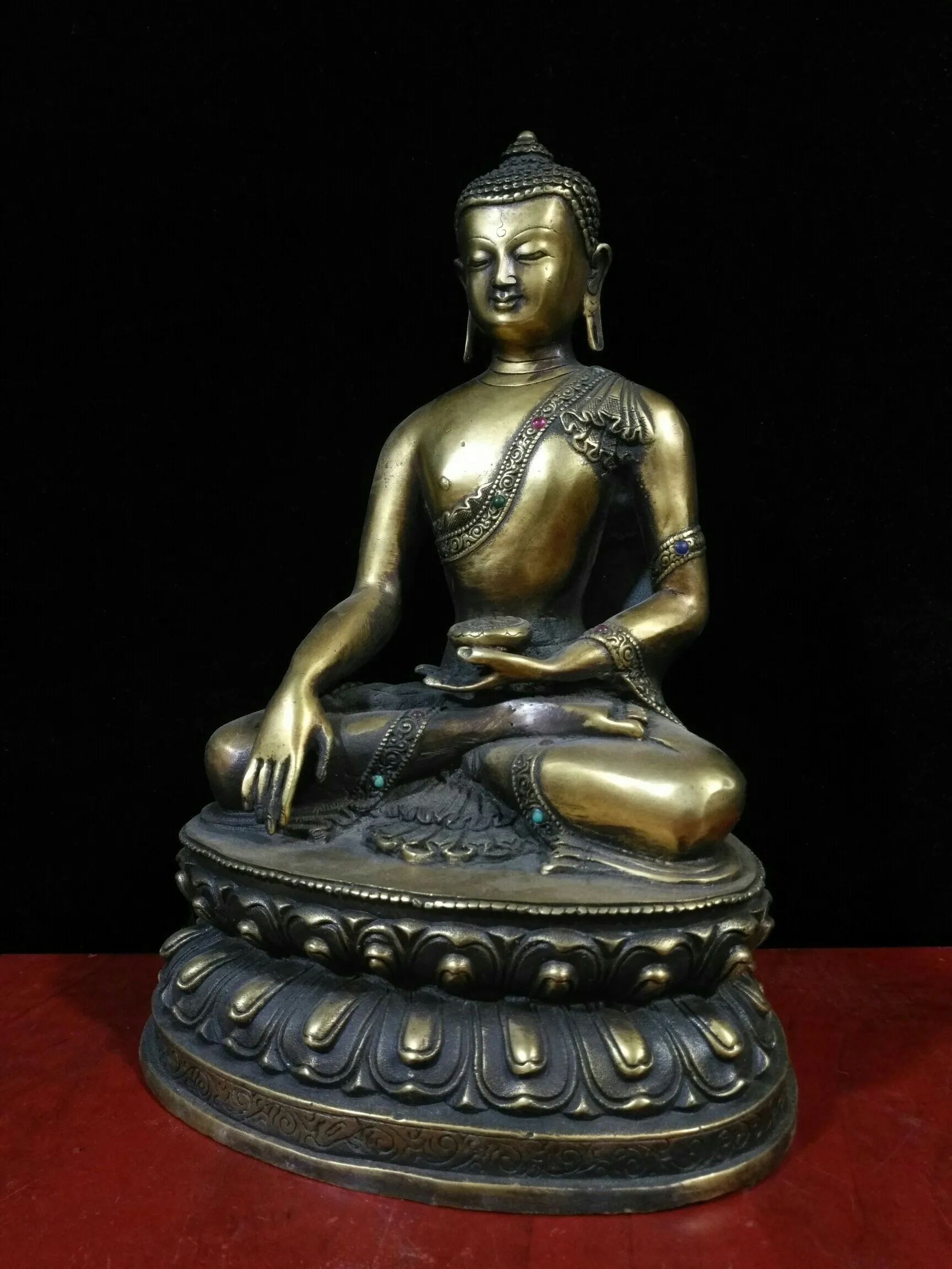 

Home Decor 11" Tibet Buddhism Temple Old Bronze Gilt Gem Shakyamuni Buddha Statue Medicine Buddha Amitabha statue Enshrine
