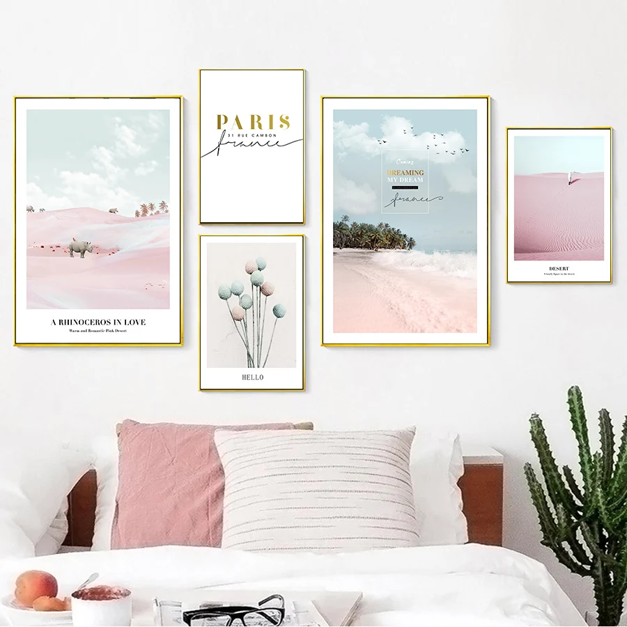 

Sea Beach Wall Art Canvas Painting Pink Poster Prints Nordic Simple Fashion Pictures for Girls Bedroom Parlor Minimalist Decor