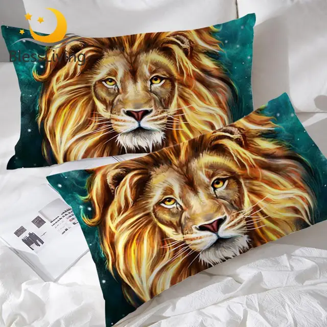 BlessLiving Gold Lion Pillowcase Artistic Lion Face Pillow Case Oil Painting Pillow Cover Wild Animal Pillow Protector 2-Piece 1