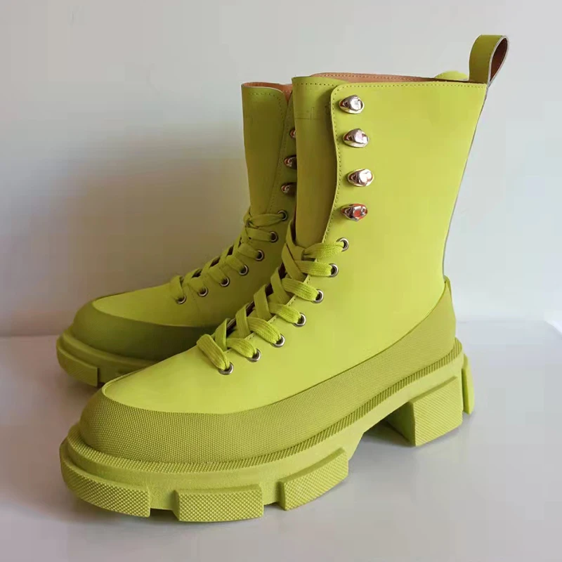 

Mid calf boots women 2021 autumn winter new real leather Thick Bottom Lace Up martin boots All match British Style Short Boots