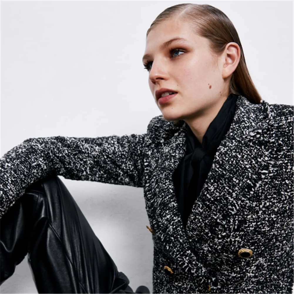 Женский двубортный костюм ZA пиджак с длинными рукавами и лацканами в богемном