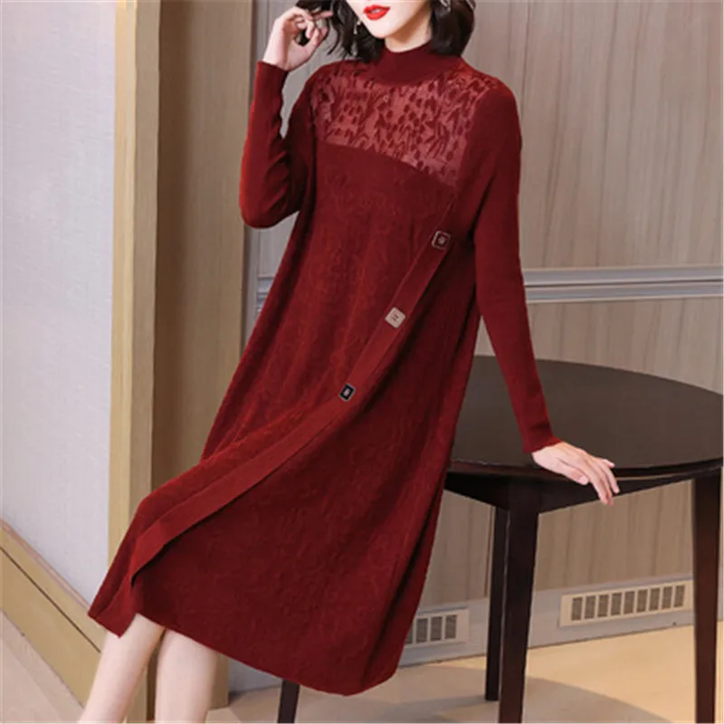 

High-end fashion temperament knitted dress mother autumn 2021 new female red long-sleeved wedding dress plus size women's dress