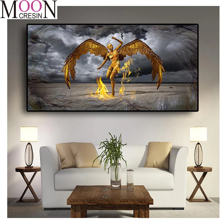 

Guardian Angel Diy Daimond Painting Wings Man Fire Diamond Embroidery Full Square Round Drill Mosaic Rhinestone Large Home Decor