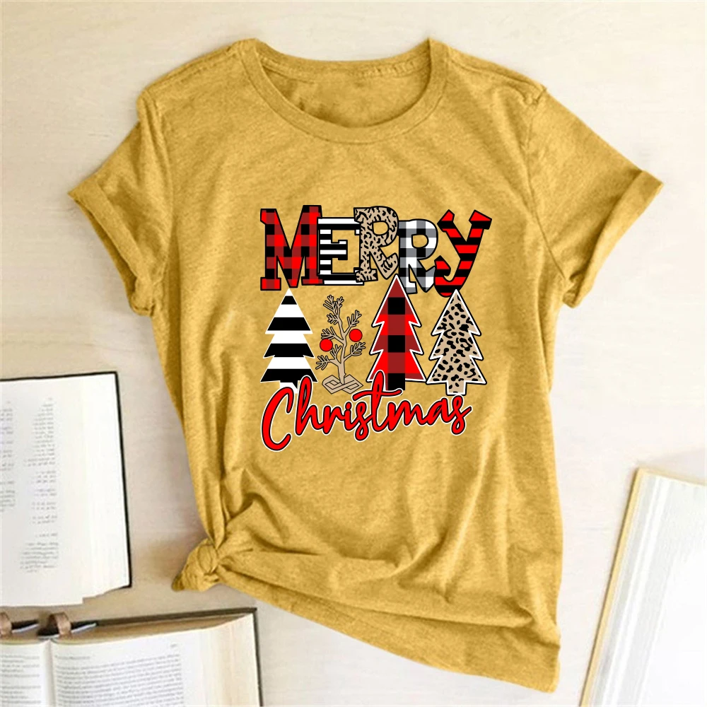 

Women Shirts for Women Casual Aesthetic Clothes Crew Neck Ladies Top Female Merry Christmas Colorful Trees Printed T-shirts