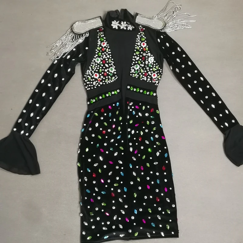 

Multi-Color Dress Crystals Stones Mesh Velvet Slit Mini Fashion Evening Party Rhinestones Wrap Hips Short Sexy Costume