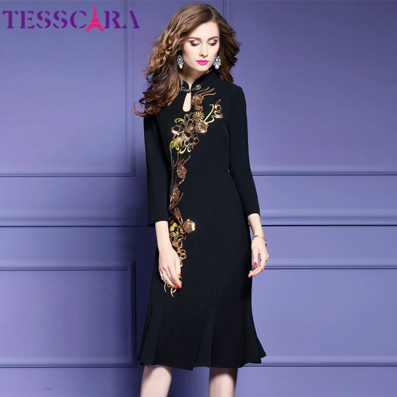 Женское платье с блестками TESSCARA винтажное коктейльное в стиле ретро для осени и