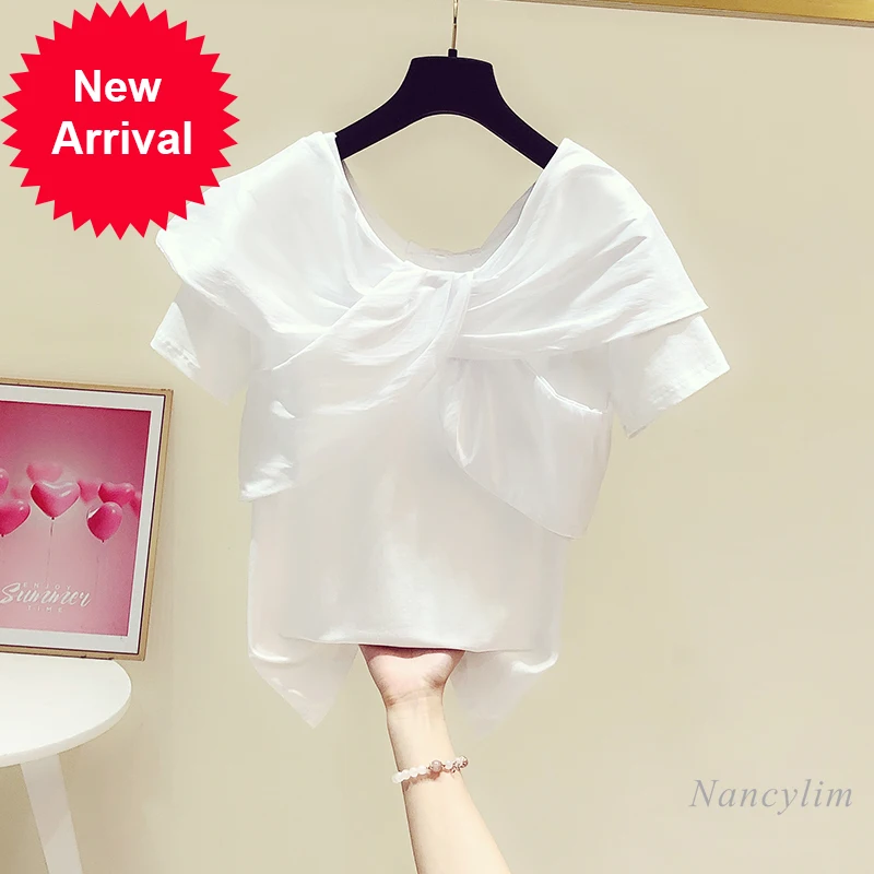 

Cross Bow Collar T-shirt Female 2021 Summer New Korean Style Short Sleeve All-Match Twist Design Top White Tee Shirts