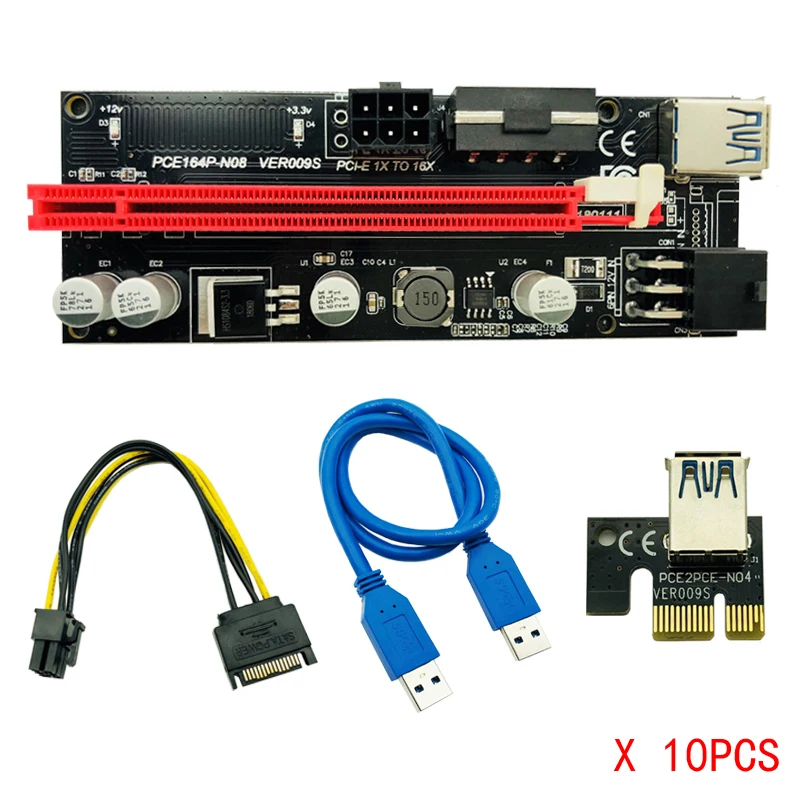 10 . 009S PCIE PCI-E 1x  16x PCI Express Riser Card Molex 6pin   SATA  USB 3, 0   BTC ETH Mining