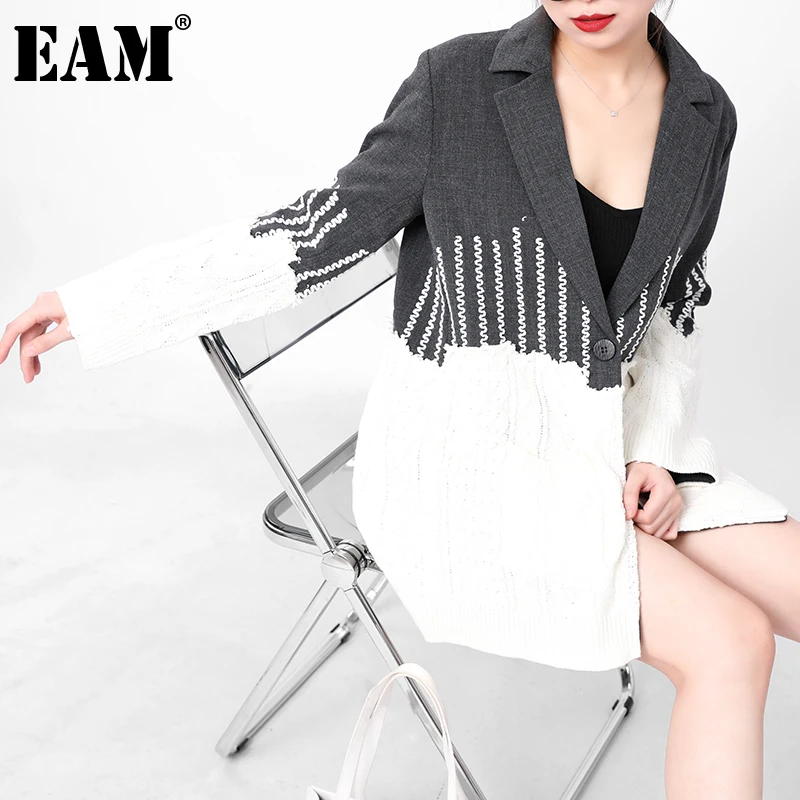 

[EAM] Loose Fit Color-block Knitting Split Woolen Coat Parkas New Long Sleeve Women Fashion Tide Spring Autumn 2021 JZ24813