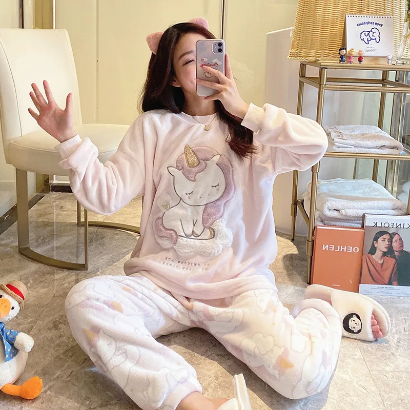 QWEEK Pajama Set Women Flannel Pijamas Winter Home Clothes Unicorn Loungewear Sleepwear Knitting Pyjamas Comfortable Warm Sweet