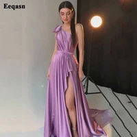 eeqasn model purple satin evening dresses long one shoulder pleated prom party gowns 2021 high slit women formal celebrity dress