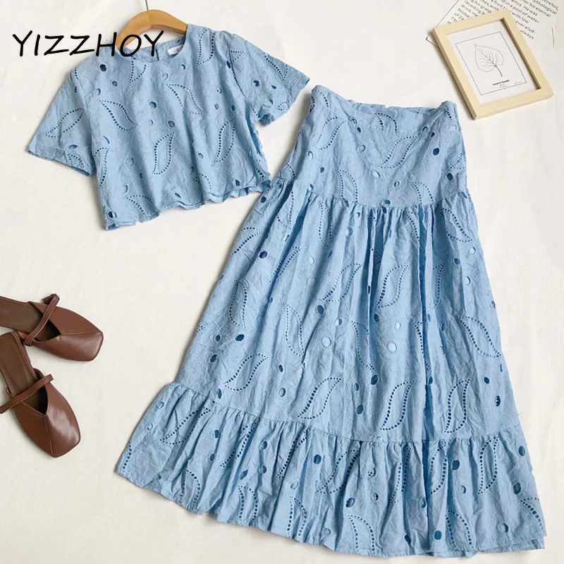 

YIZZHOY Summer New Women Hollow Embroidery Two-piece Suit O-neck Short-sleeved Short Top High Waist Mid-length Ruffled Skirt