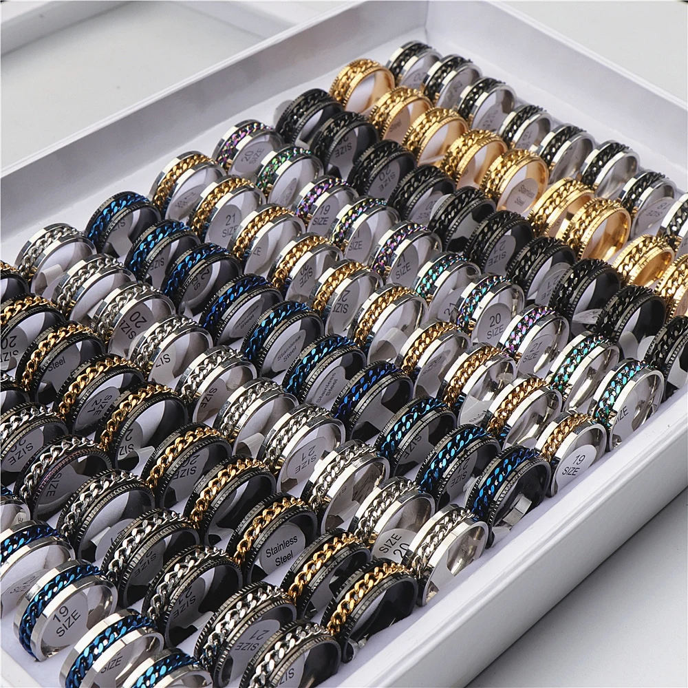 50pcs/lot Multicolor Spinner Stainless Steel Rings For Women Men Mix Style Fashion Rotatable Jewelry Party Gifts Wholesale