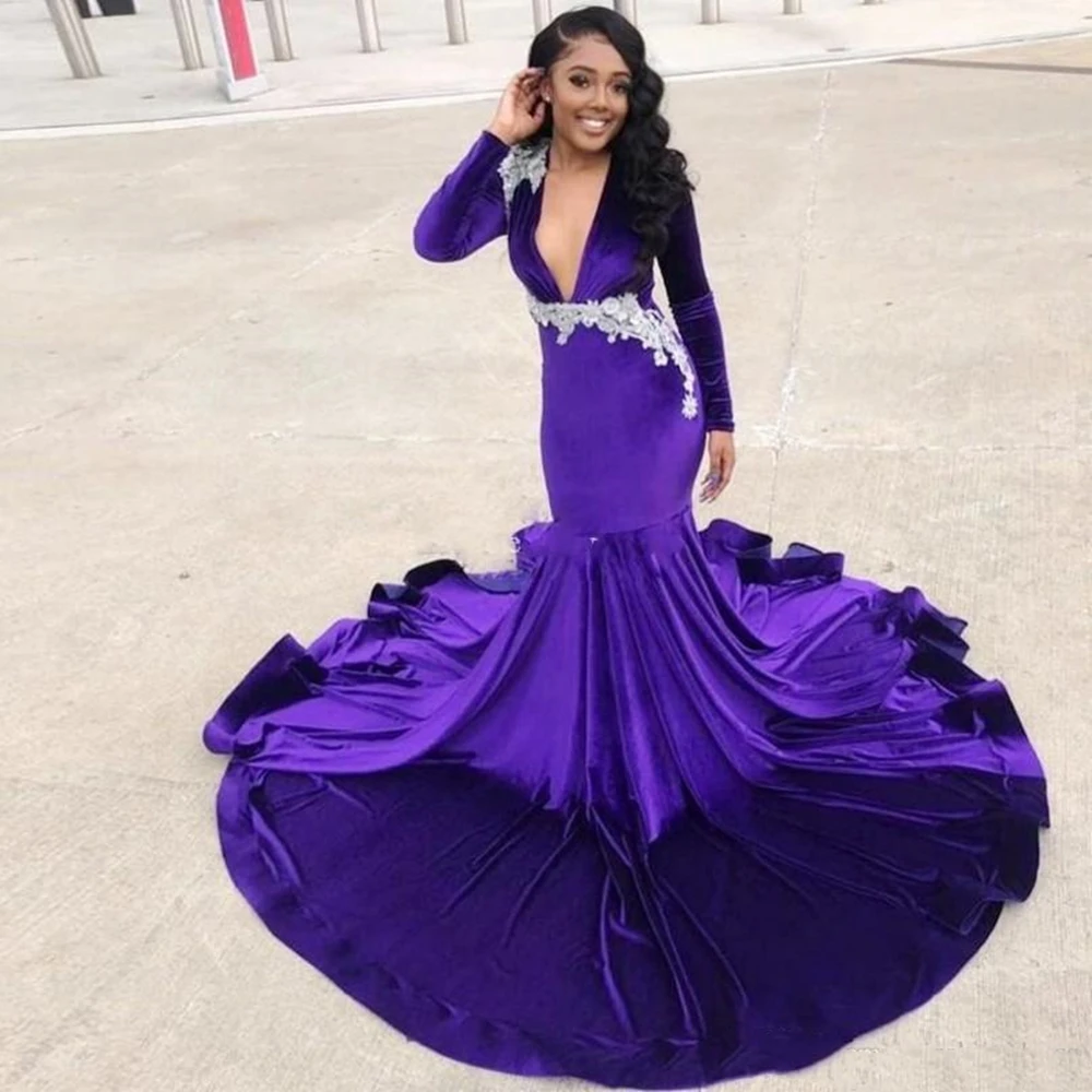 Mermaid Purple Velvet Prom Dresses Deep V Neck Long Sleeve White Appliques Lace 2020 Fashion Evening Party Gowns Graduation