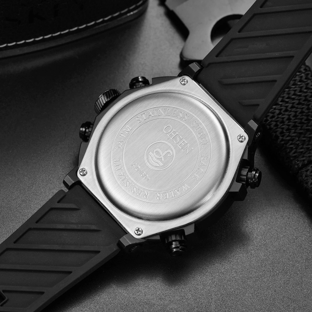 OHSEN брендовые Цифровые кварцевые мужские модные наручные часы montre homme два зоны
